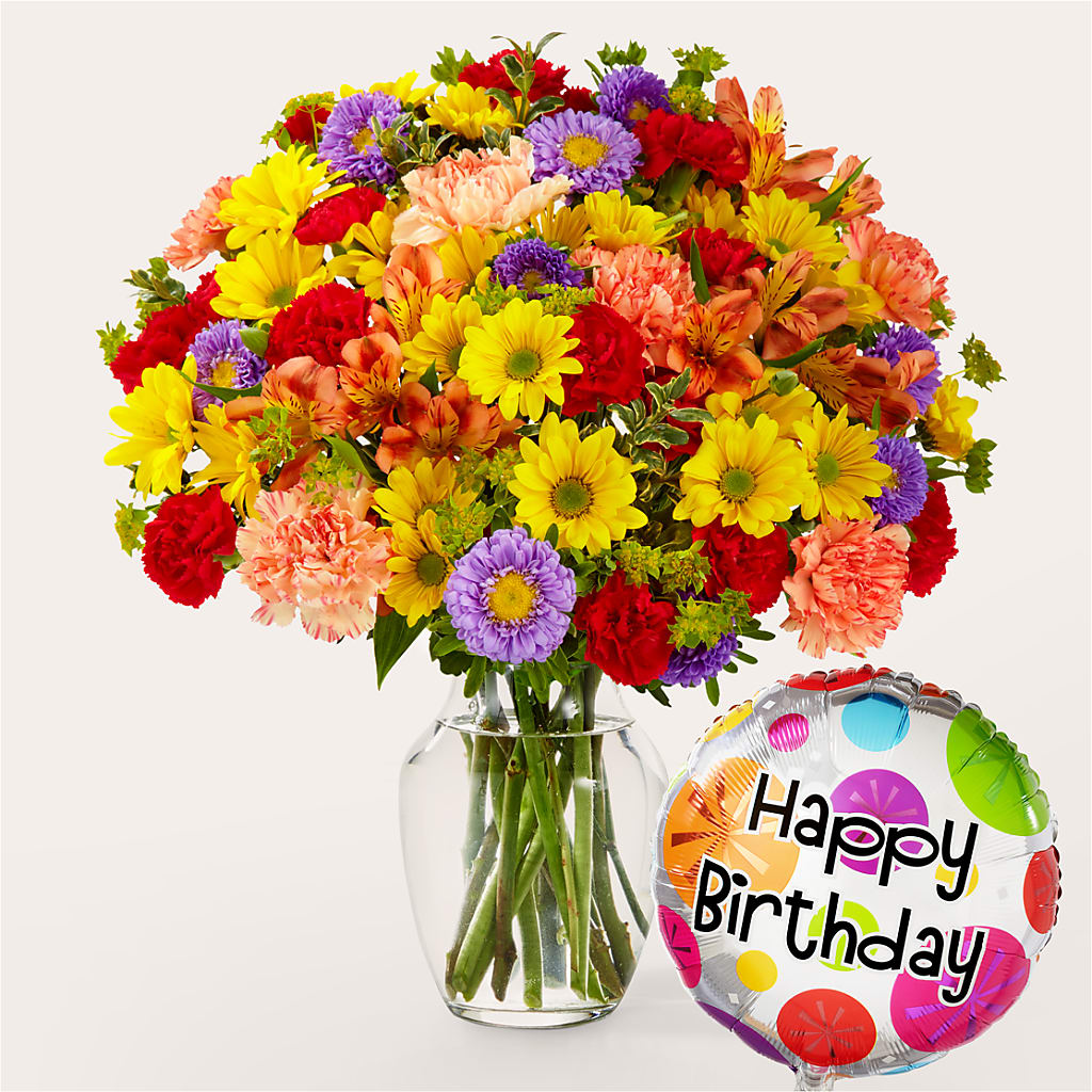 Kaleidoscope Bouquet with Birthday Balloon – CLARKSON FLOWERS & GIFTS, Mississauga ON