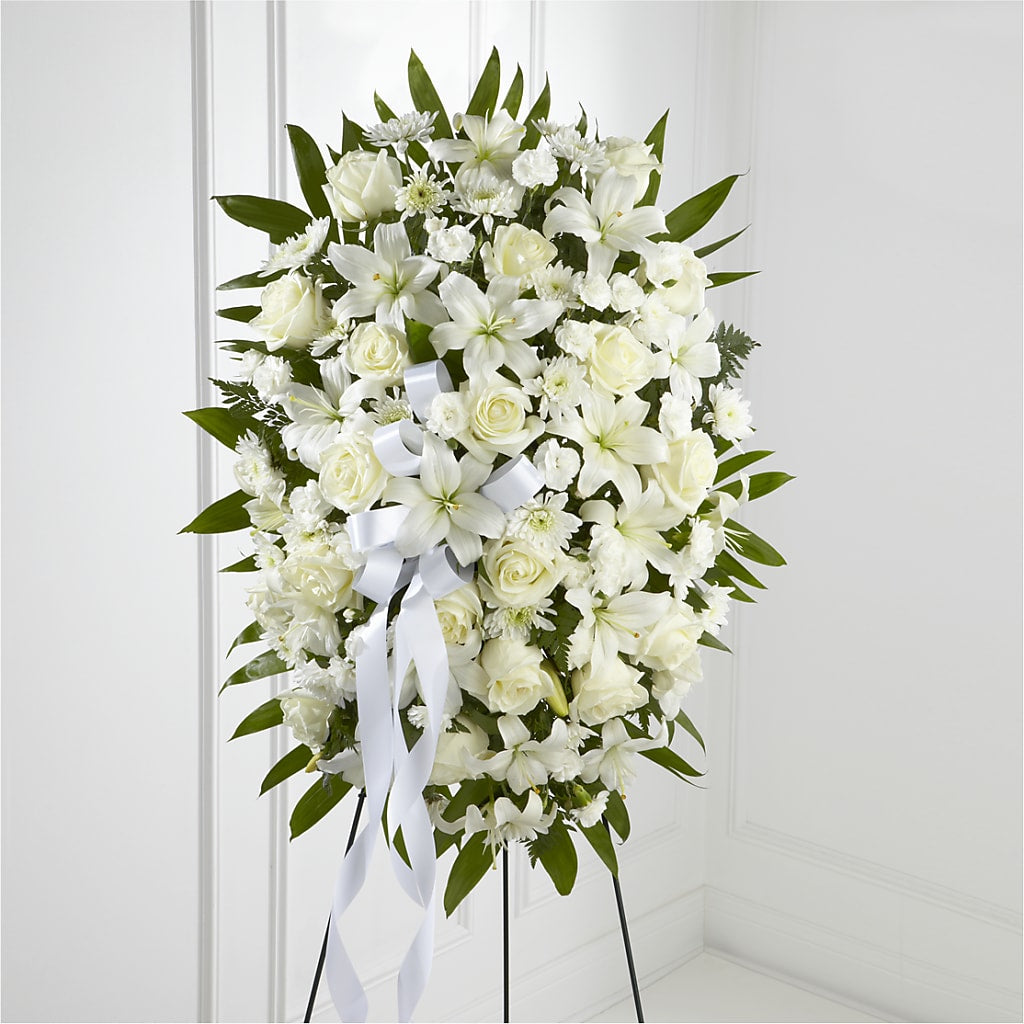 Exquisite Tribute Standing Spray-White Ribbon – CLARKSON FLOWERS & GIFTS, Mississauga ON