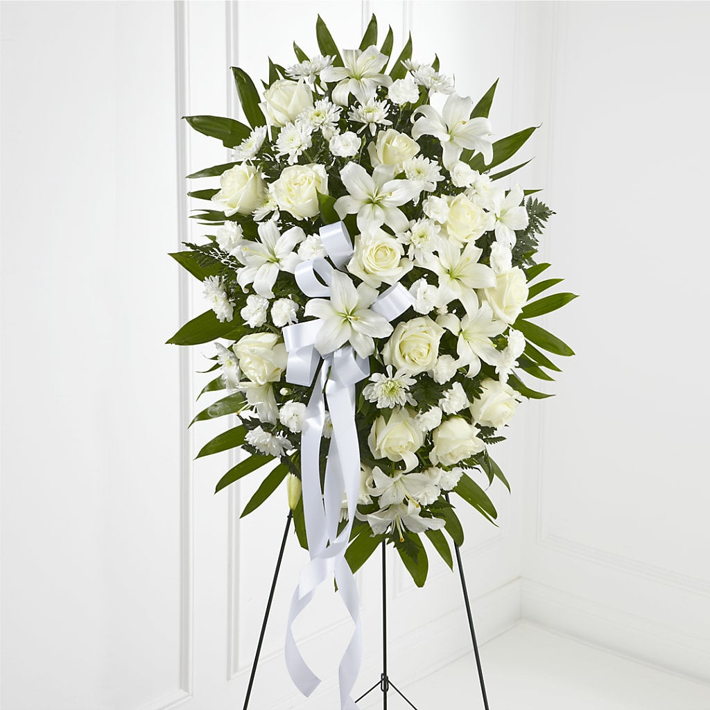Exquisite Tribute Standing Spray-White Ribbon – CLARKSON FLOWERS & GIFTS, Mississauga ON